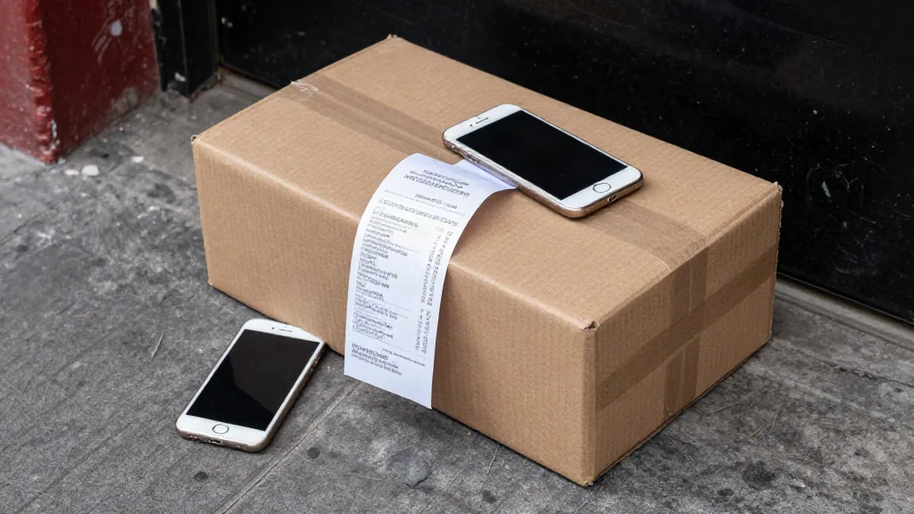 Caja de un pedido en línea en la puerta de una casa junto a un ticket de pago